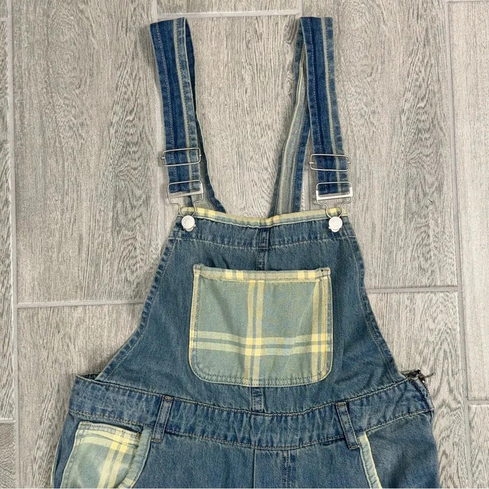 Aaron & Amber Bib Overalls Women’s Medium Blue Flare Plaid Denim Wide Leg